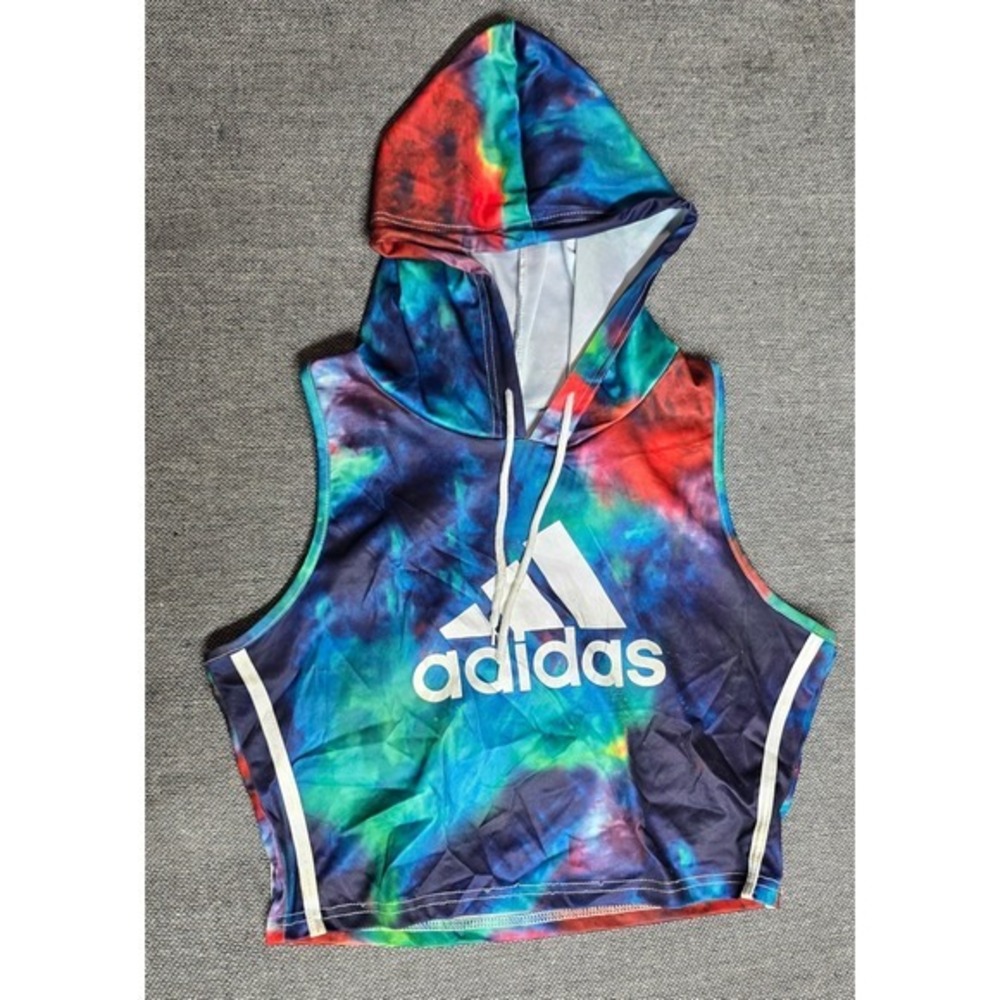 Adidas Sleeveless Crop Top Hoodie Tie Dye Galaxy Print‎ Multi Color Womens